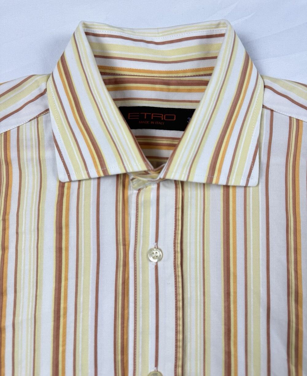 Etro Mens Shirt Size 39 Medium White Yellow Striped Buttercup Button Up Italy